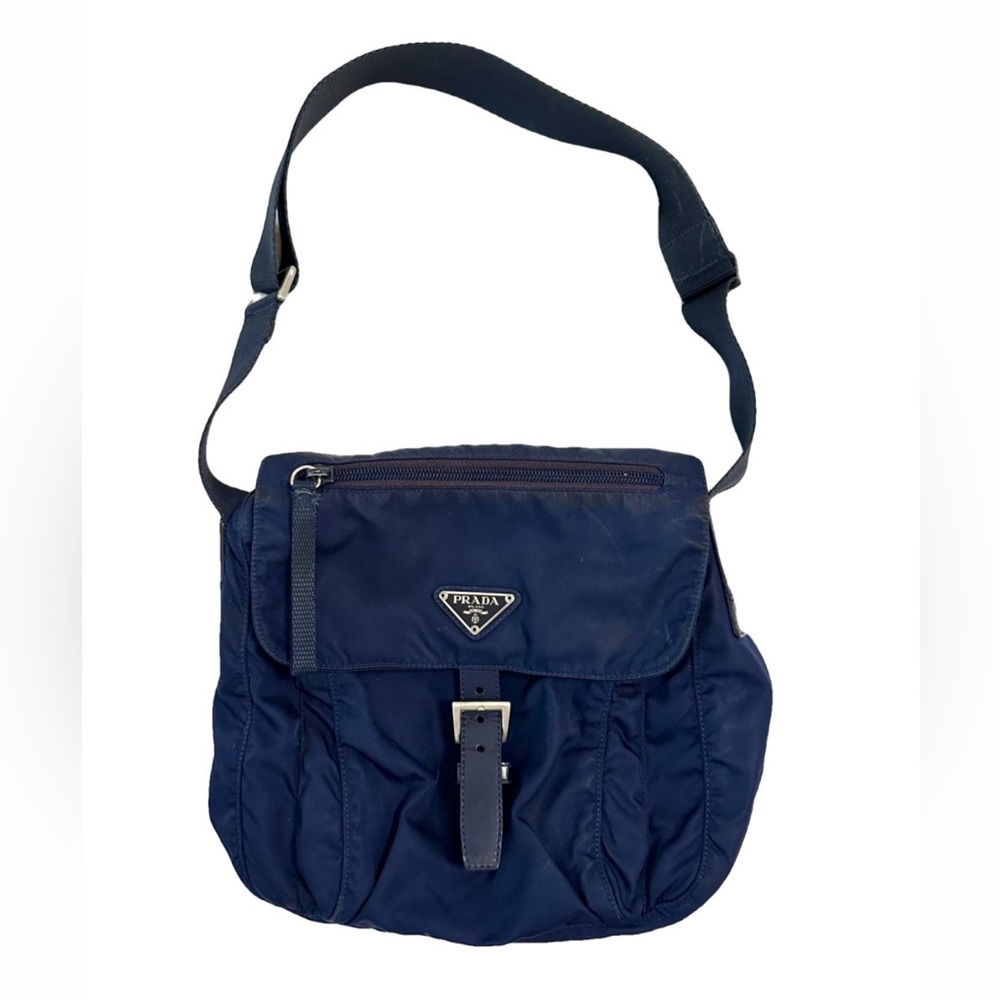 Prada crossbody bag navy re-nylon with pocket and buckle